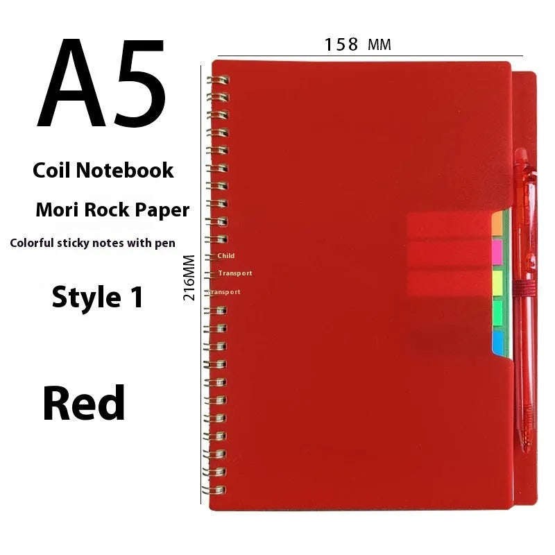 Erasable reusable coil notebook with rock stone paper, shown with a pen and cleaning cloth on a customisable cover.