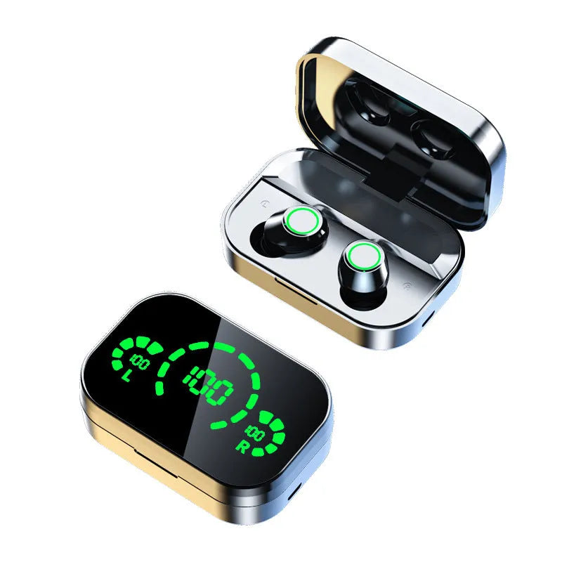 Black sports TWS Bluetooth earbuds with touch controls, shown in a charging case.