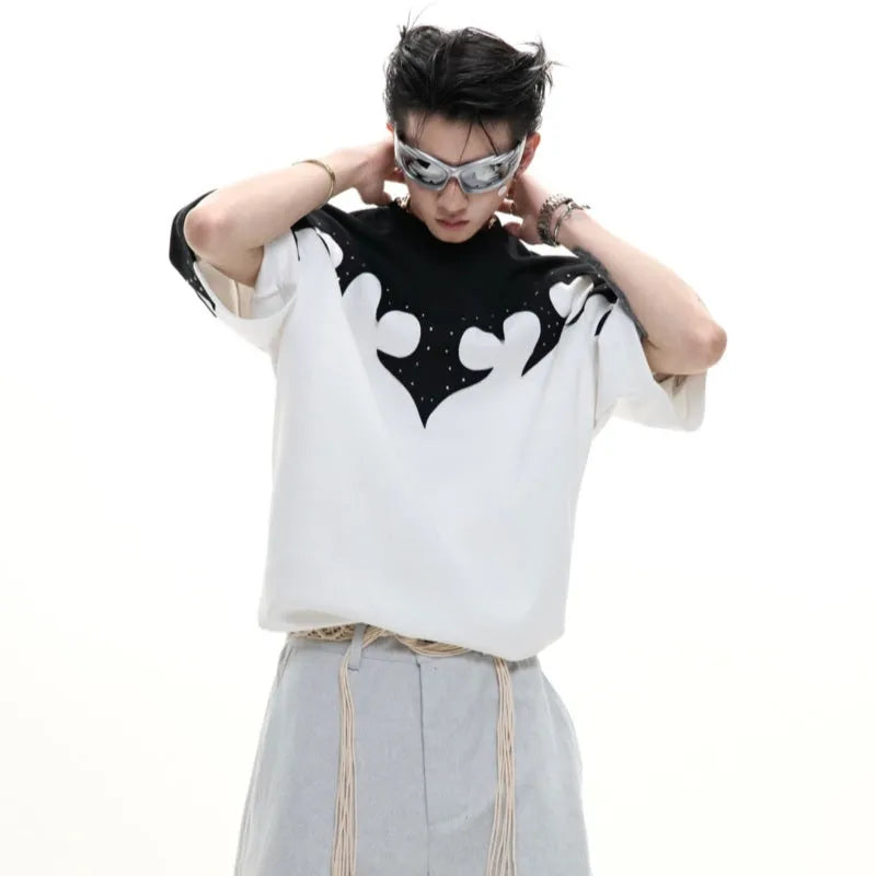 Men's loose fit grey cotton t-shirt with a 3D burnt flower rhinestone design on the front.