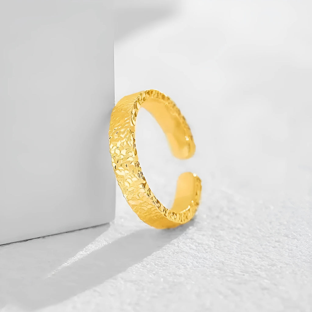 Vietnam placer gold open ring for women, copper with electroplated yellow gold finish, geometric starry sky pattern, adjustable forefinger ring
