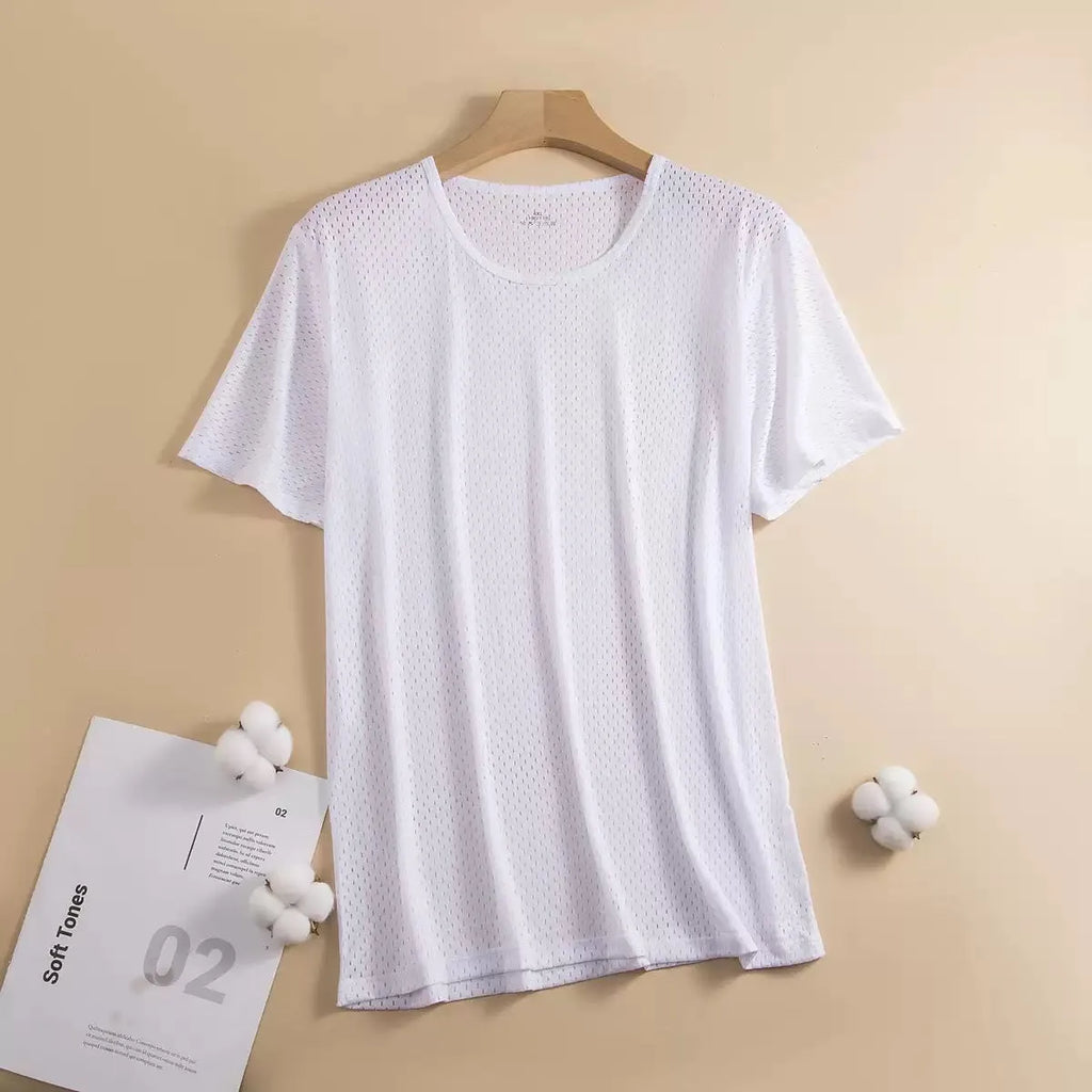 Men's ice silk short sleeve T-shirt in solid colour with crew neck and loose fit design