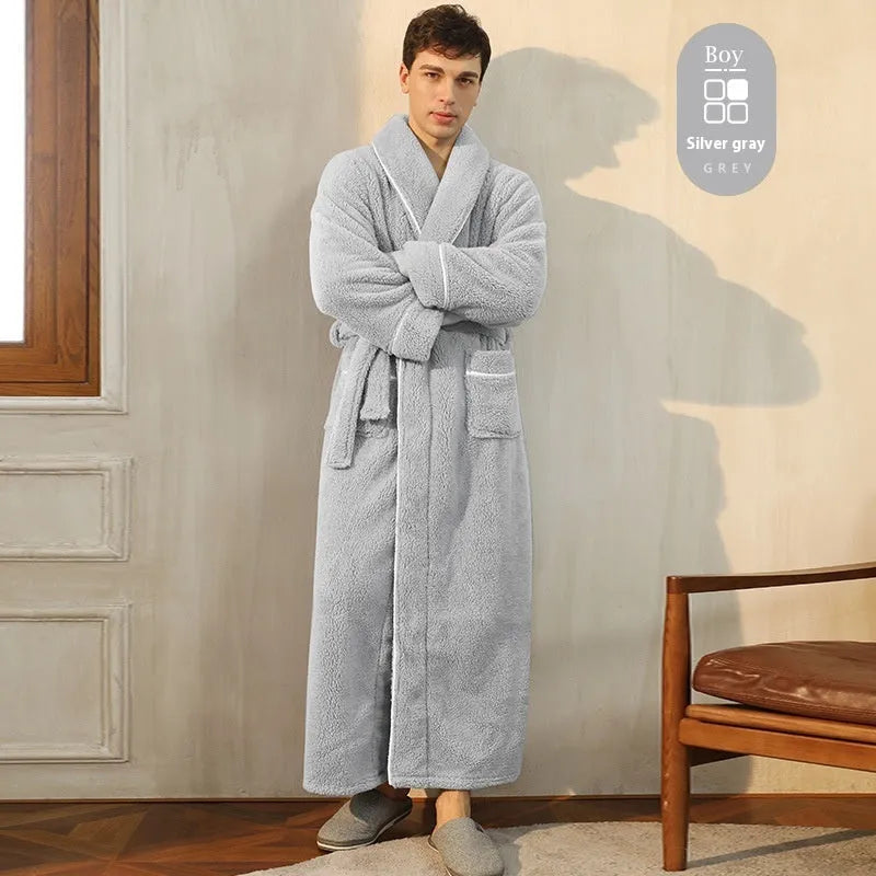 Super thick flannel couple's bathrobe in navy blue, shown on a hanger.