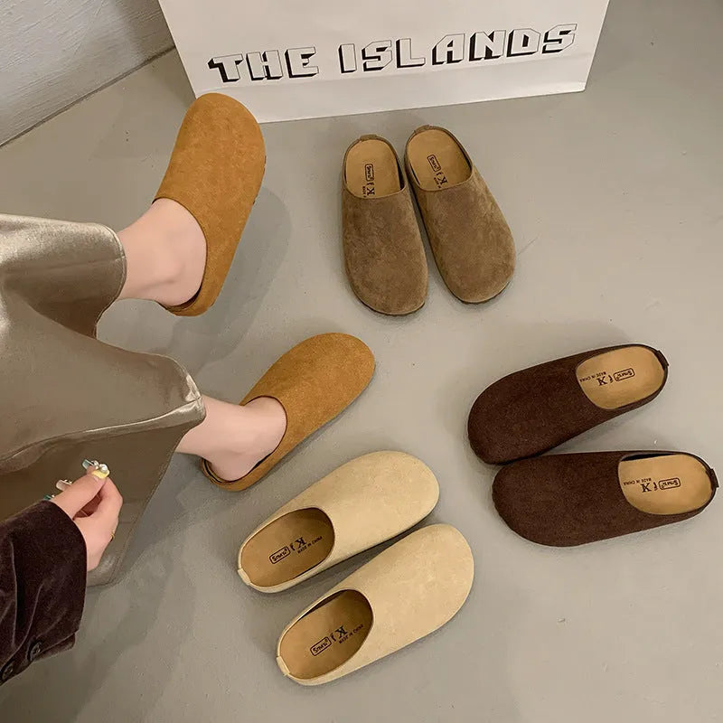 Korean style flat slip-on slippers in apricot colour with microfiber upper and PU sole.