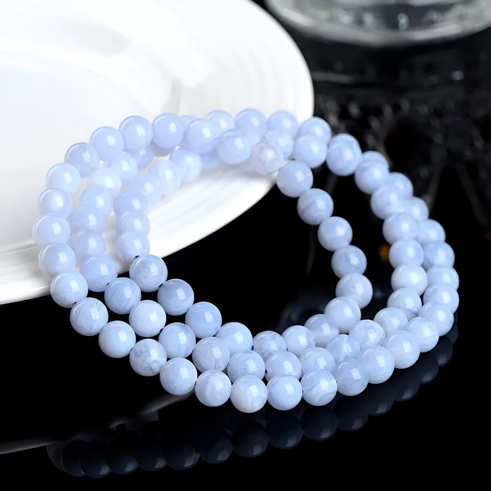 Blue striped agate bracelet with three circles of 6-6.8mm beads in unisex design