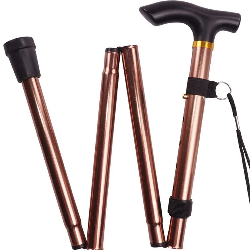 Aluminium folding walking cane with a non-slip handle, shown extended and in silver colour.