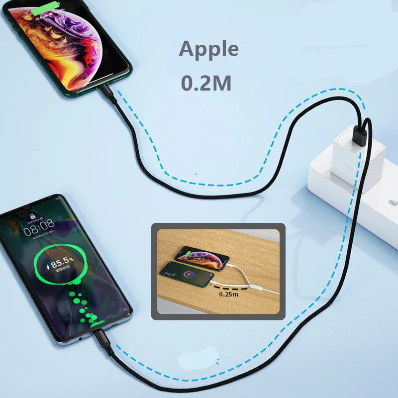 Black braided fast charging cable with dual Android heads for simultaneous device charging