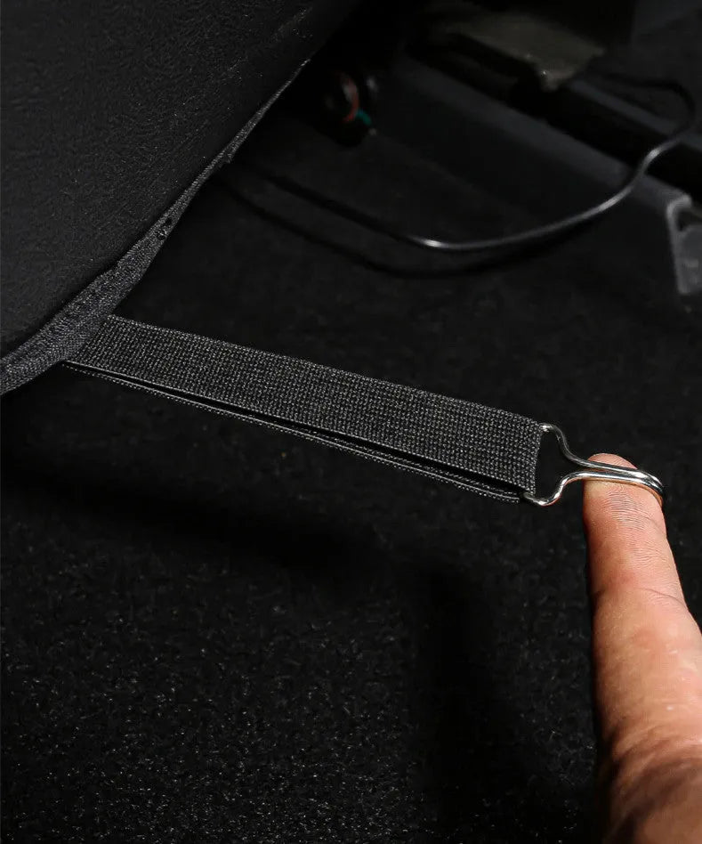 Two black leather rear anti kick pads for car seats, showing size and single pocket.