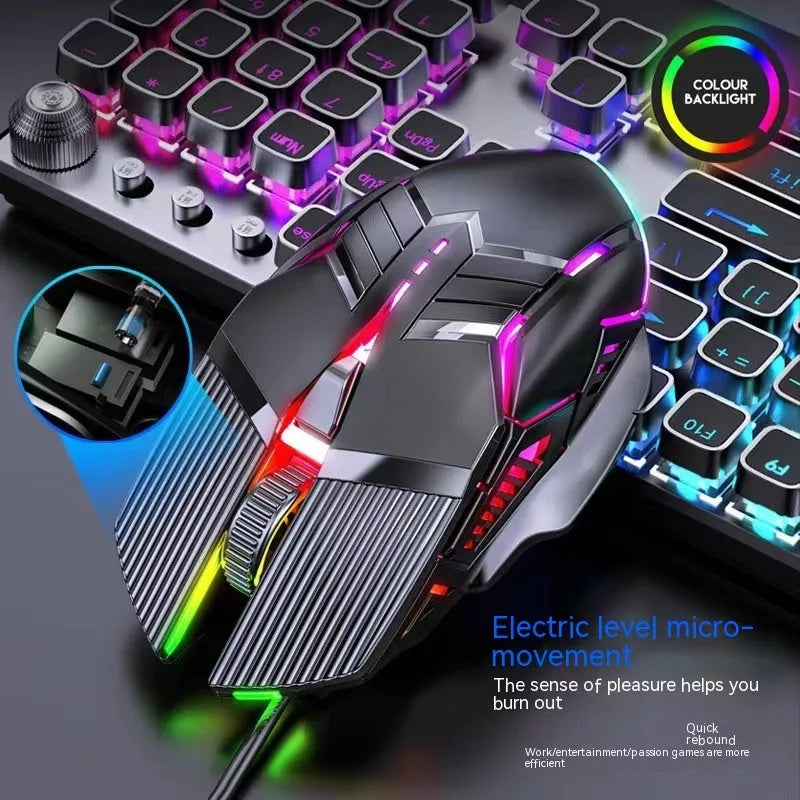 Wired mouse 6D colourful luminous mute version in black, white, and pink with USB cable