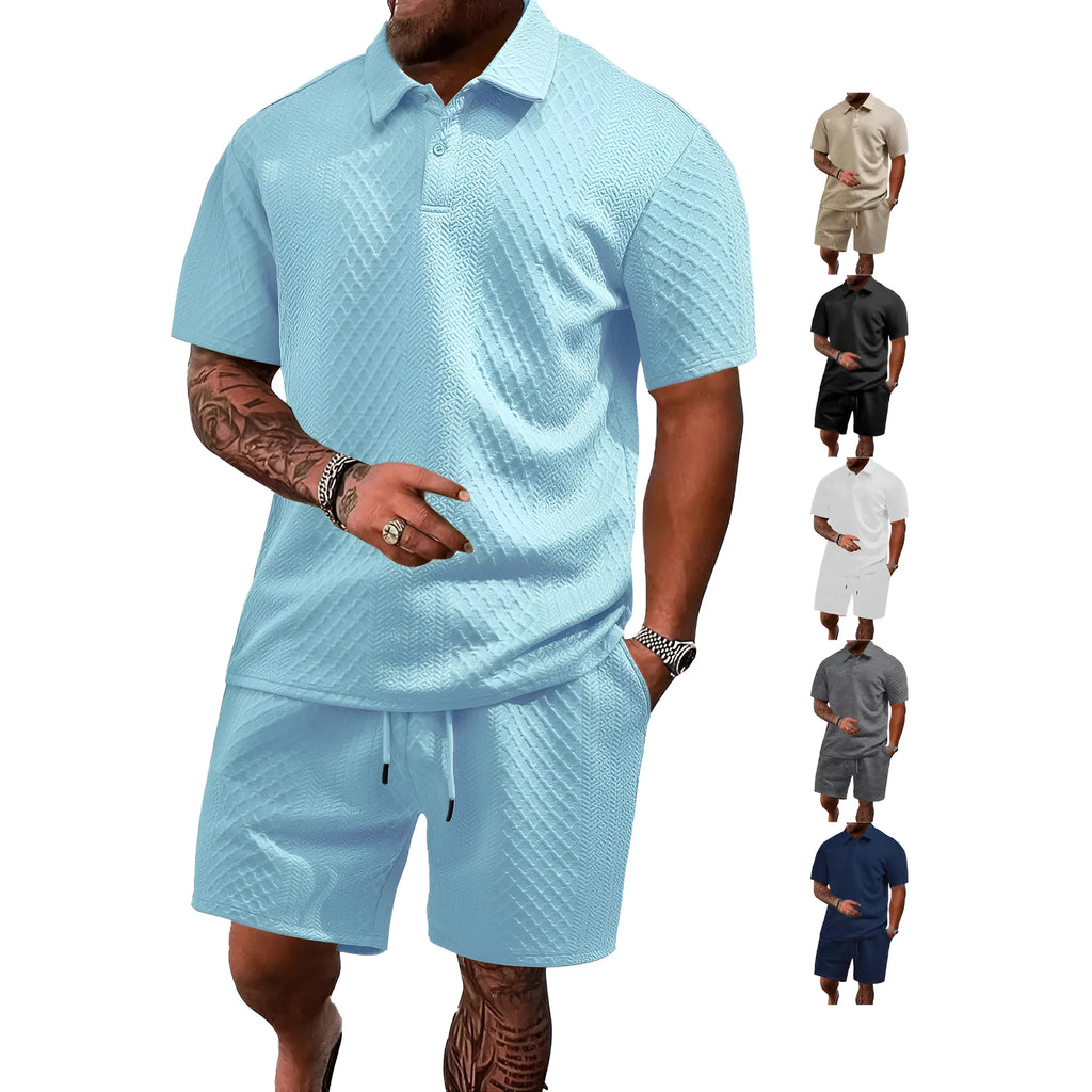 Men's pattern cloth casual short sleeve polo suit set with matching top and trousers in multiple colours