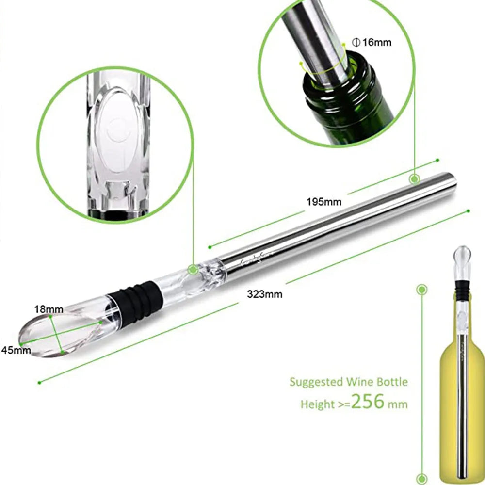 Stainless steel wine bottle cooler stick with acrylic pourer, shown in silver finish.