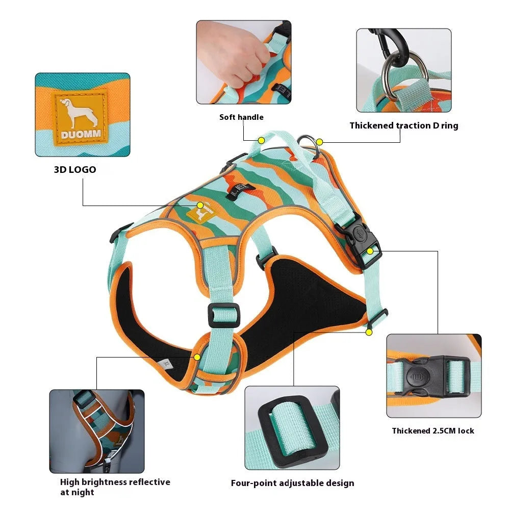 Orange reflective dog walking rope with chest and back harness design on Oxford cloth