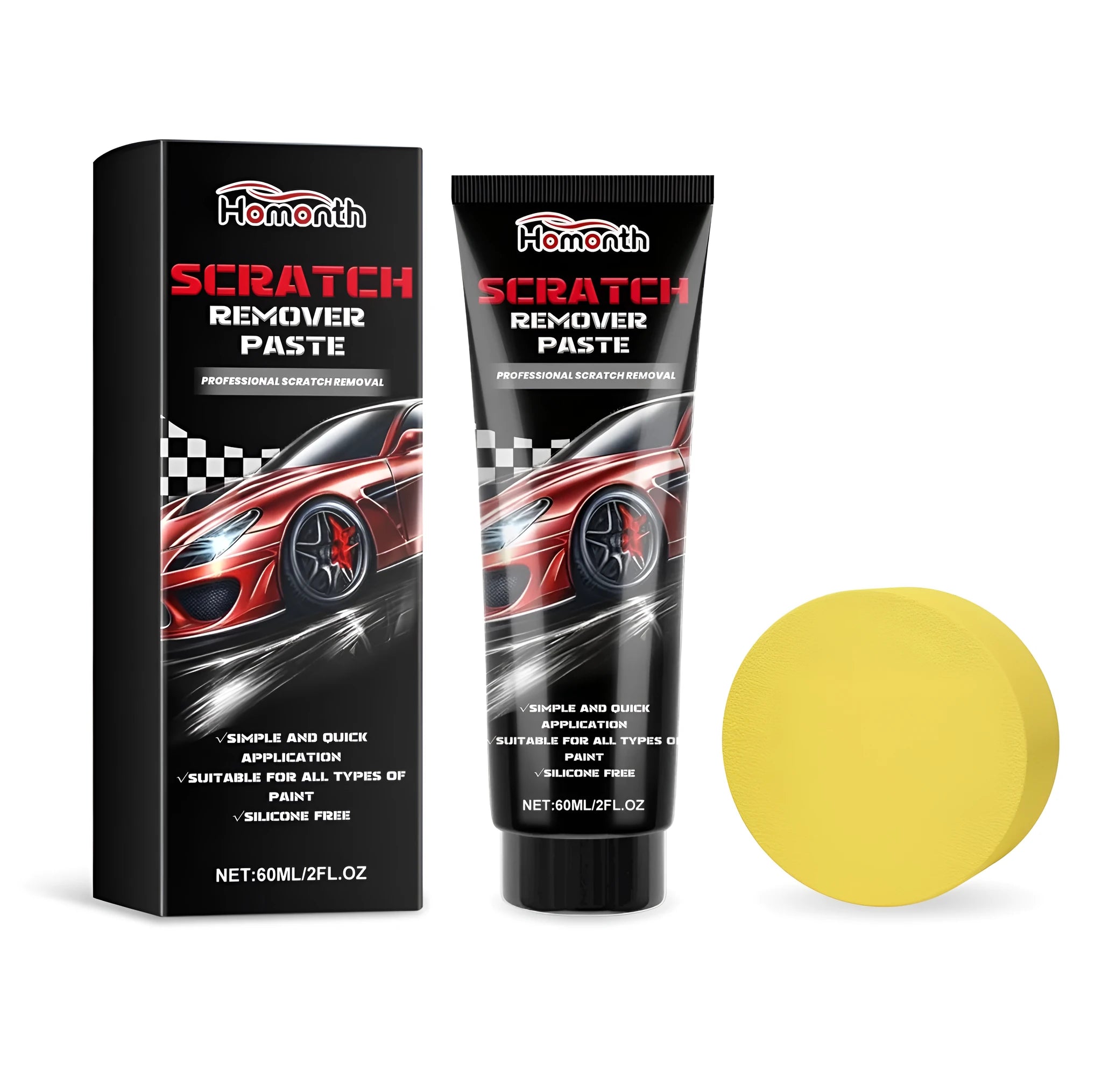 Bottle of car scratch remover paste and sponge applicator for DIY paint repair.