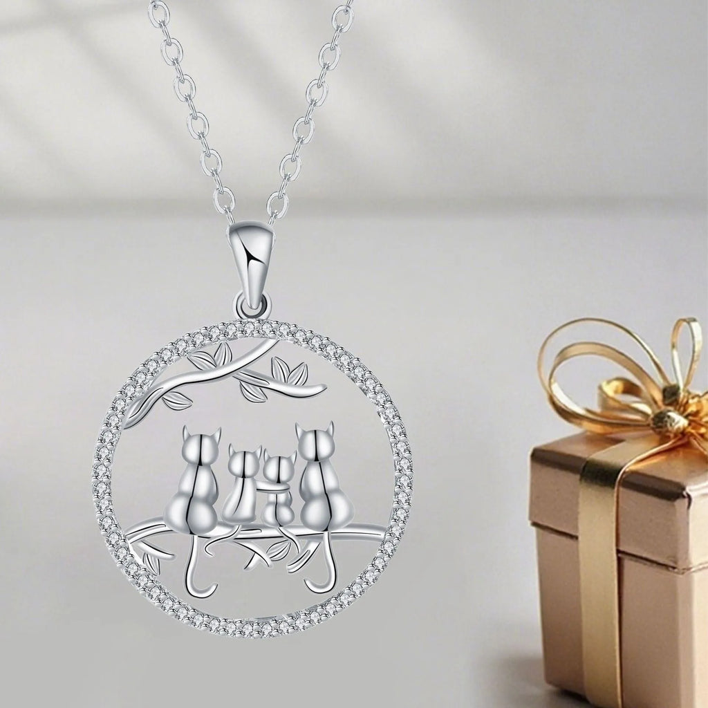 Women's four kitten copper necklace with electroplated pendant on cross chain