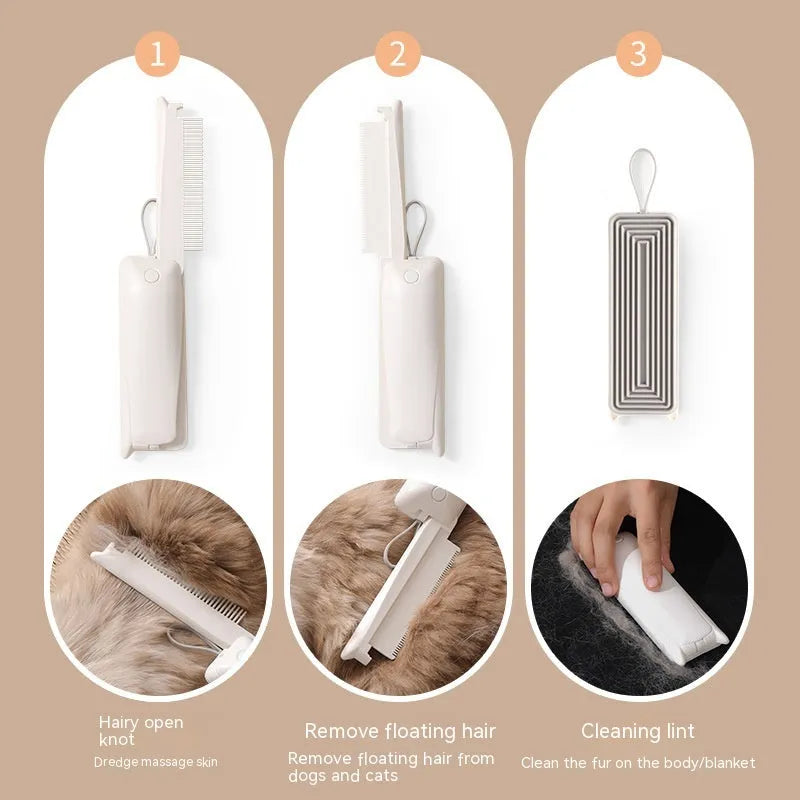 Pink and white ABS plastic pet grooming brush for dogs and cats on flat surface