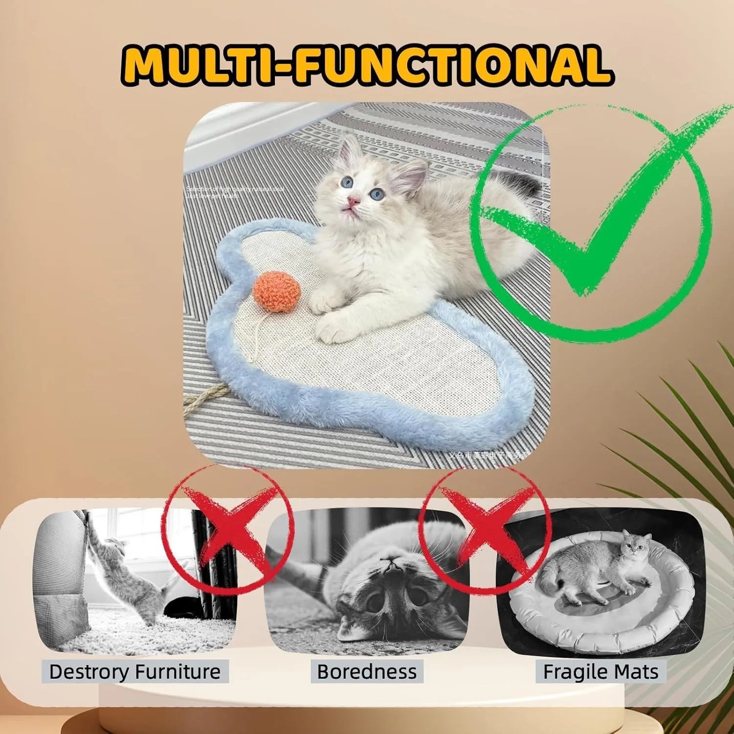 White cat scratching mat with cartoon sleeping cat design, made from natural sisal, shown on a wall.