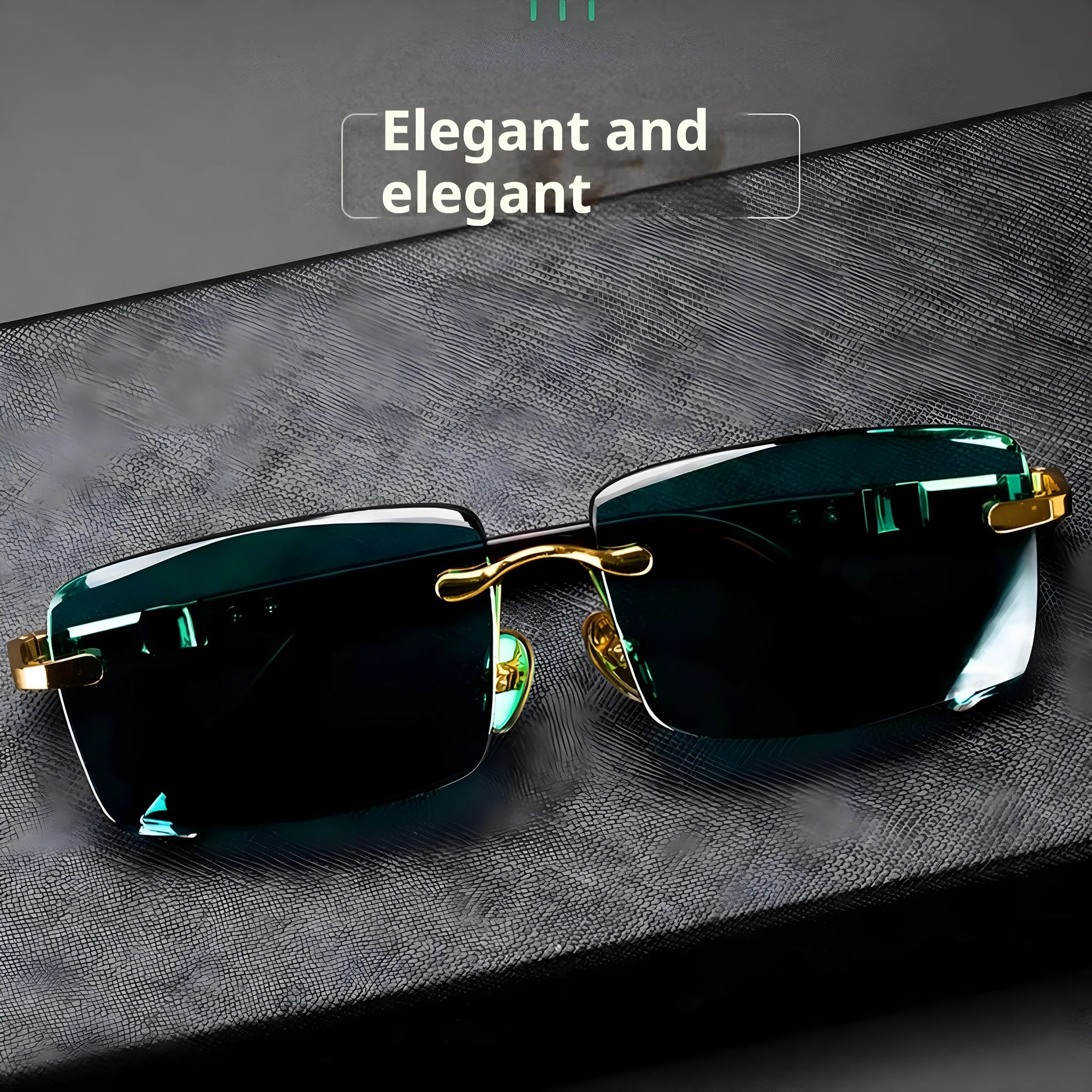 Dark green frameless crystal sunglasses inside a protective case with a lens cloth.