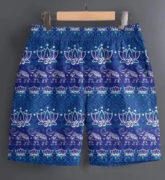 Men's casual striped and patterned polyester shorts for outdoor sports, shown in multiple sizes.