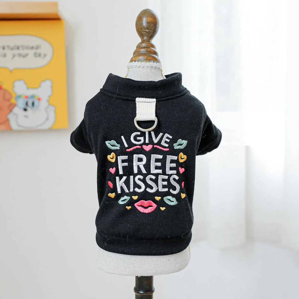 Casual grey dog sweater with white kissing lips print, shown on a small dog.