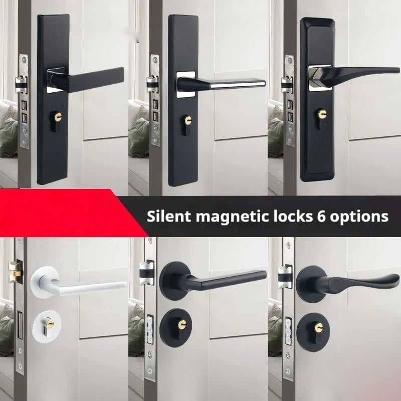 Aluminium alloy indoor split magnetic door lock handle for timber doors in black finish.