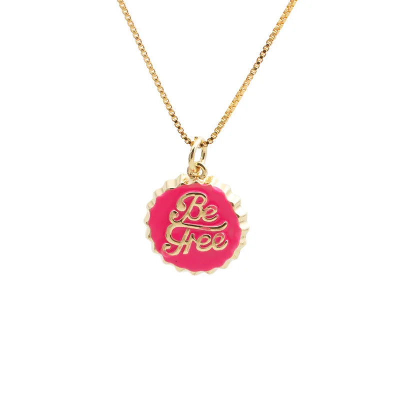 Copper electroplated bottle cap pendant necklace on a 40 cm box chain in various colours.
