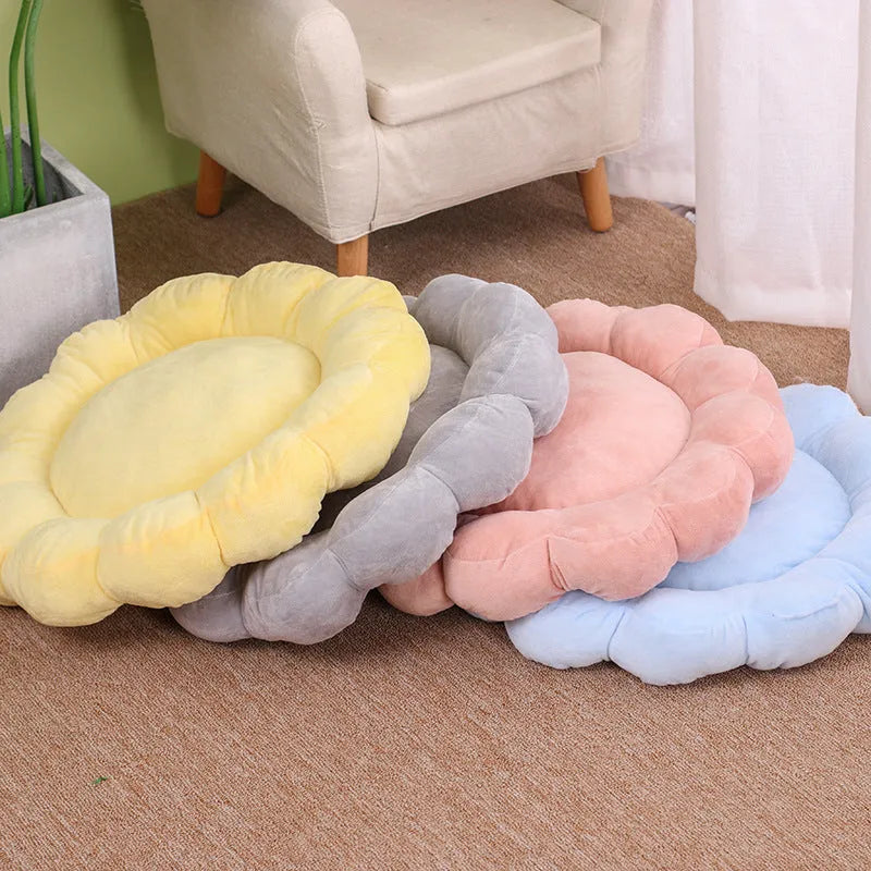 Square blue half-surrounded plush pet bed for small dogs and cats on a wooden floor.