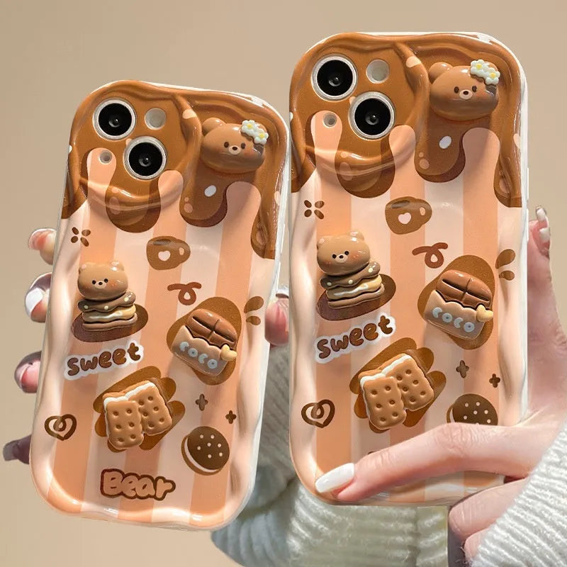 Cream pattern silicone phone case with chocolate doll lanyard for Apple iPhone anti-fall protection