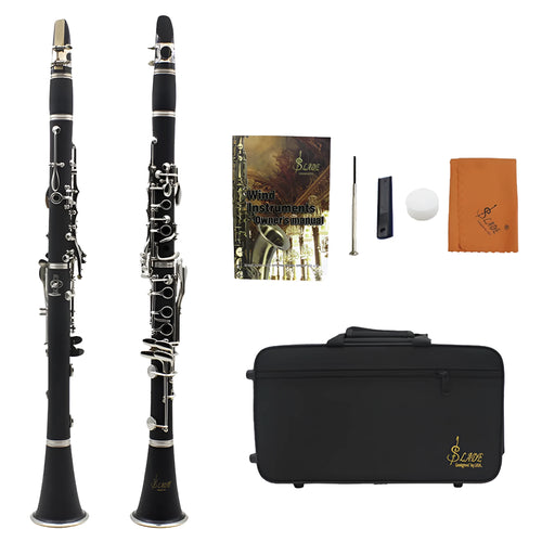 Black Bakelite clarinet with nickel-plated 17-key mechanism and carrying bag