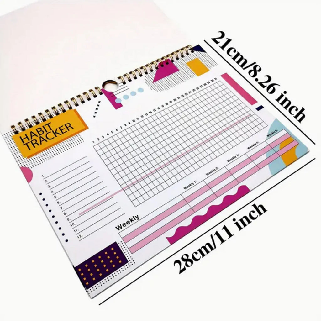 Habit tracking journal in four colour options showing 21cm × 28cm size