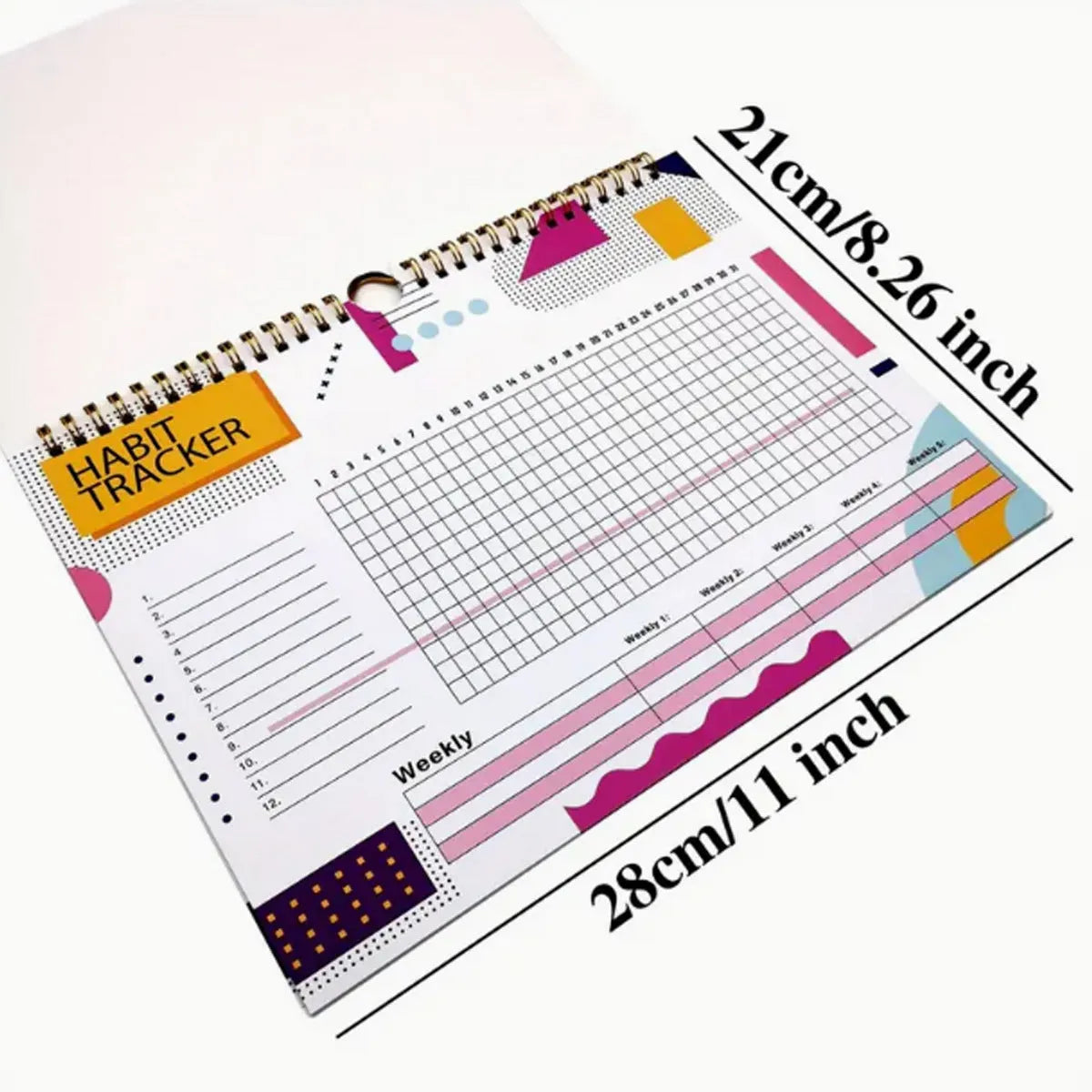 Habit tracking journal in four colour options showing 21cm × 28cm size