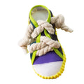Dog toy shaped like cotton rope slippers with shoelaces, sole patterns, and built-in sound devices for playtime