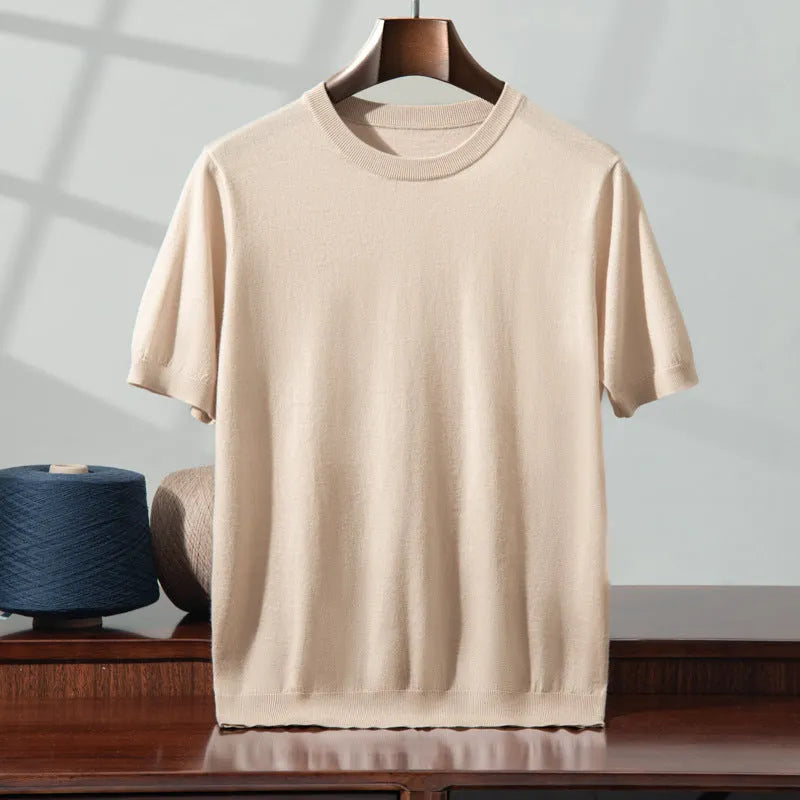 Men's loose-fit knitted casual short sleeve shirt in a choice of eight colours including black, blue, and grey.