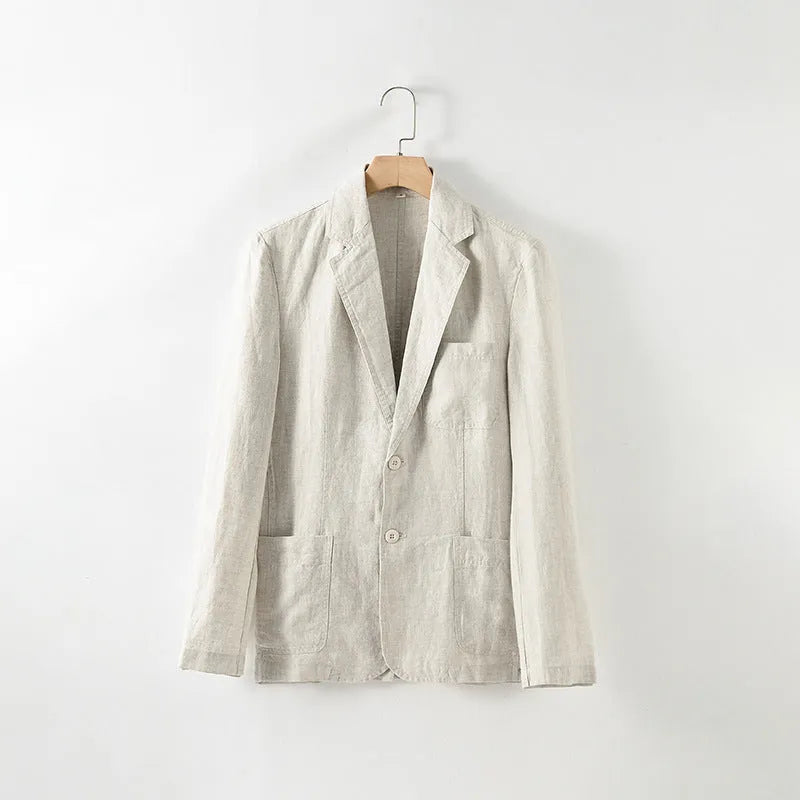 Men's solid colour linen suit coat with a stick pocket on a hanger.