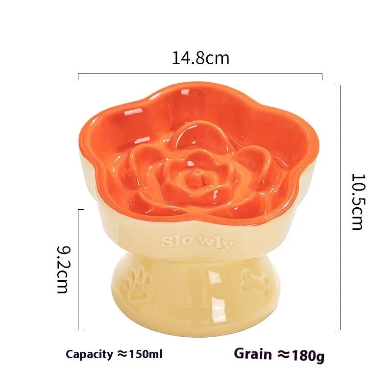 Black ceramic pet bowl with a high foot and neck protector to prevent tipping, shown with flat and slanted rim options.