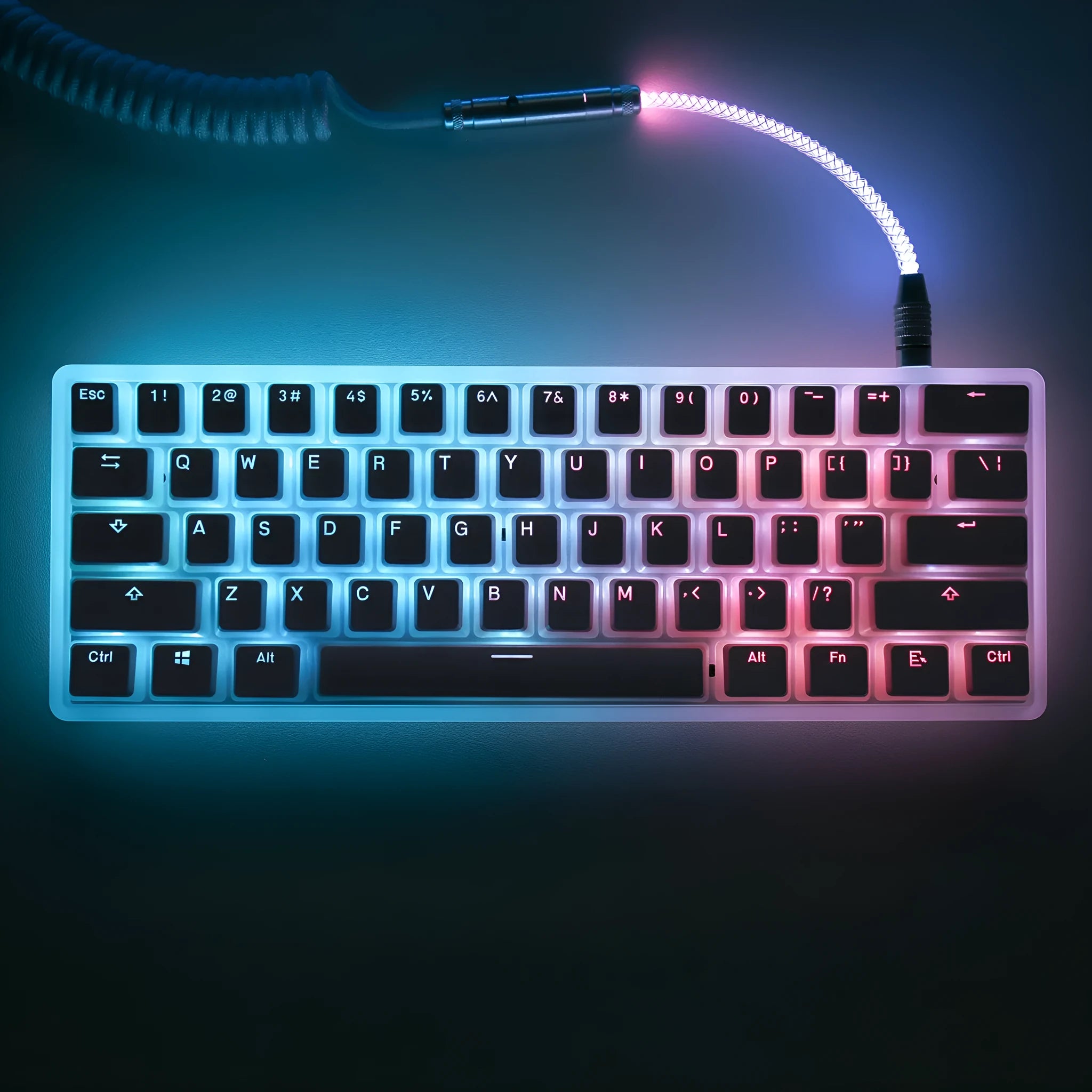 Double Skin Milk Pudding closed PBT transparent keycaps in pink and white for mechanical keyboard with RGB backlight visible
