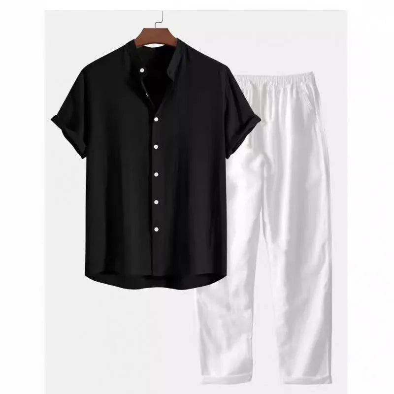 Men's casual linen blend short sleeve shirt and full-length trousers set on a hanger.