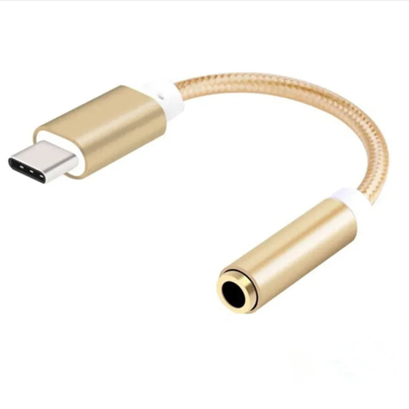 Type-C to 3.5mm nylon braided headphone audio adapter cable 12cm in black with Type-C connector and 3.5mm female socket