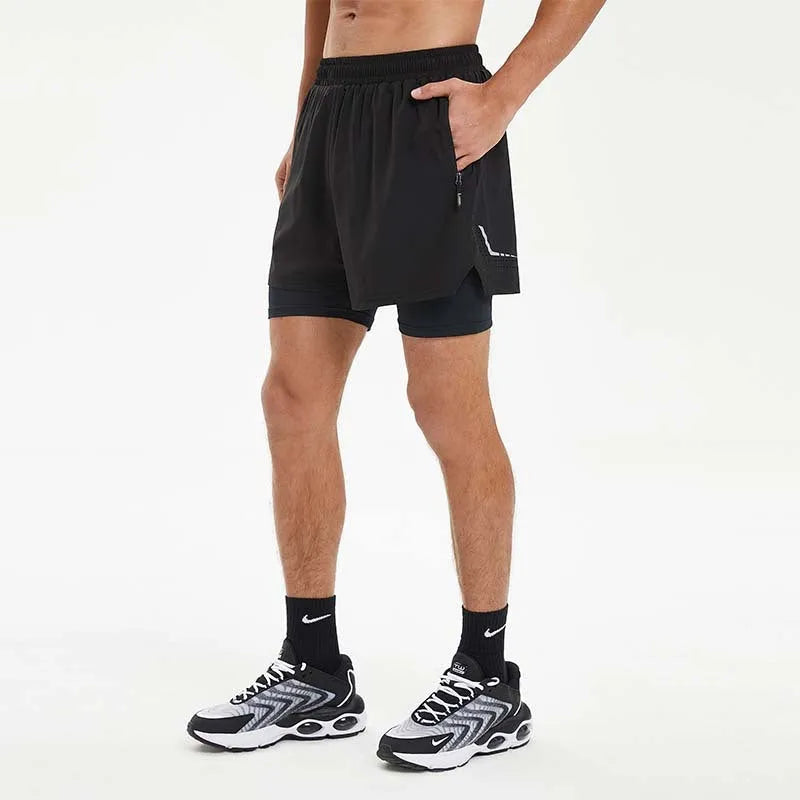 Men's black running shorts with built-in liner and high elastic waistband for summer fitness