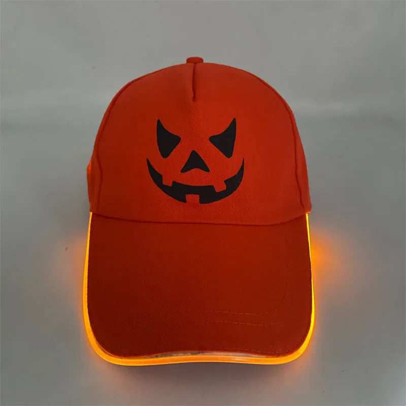 Halloween LED baseball cap showing integrated lighting effects in various pumpkin and solid colour designs