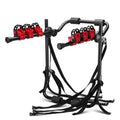 Black and red car boot mount bike rack showing iron frame with sponge padding and tie ropes.