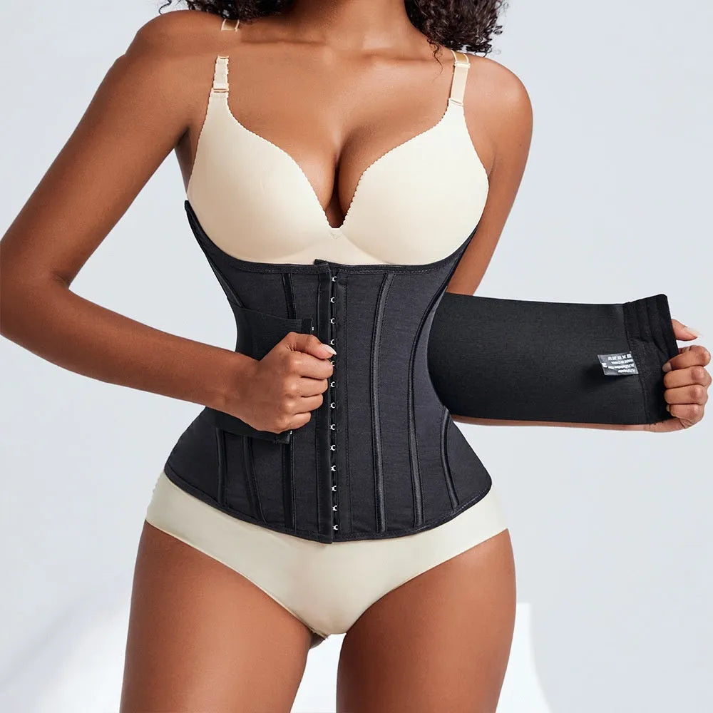Nylon belly band waist trainer in black or apricot with belt tie fastener