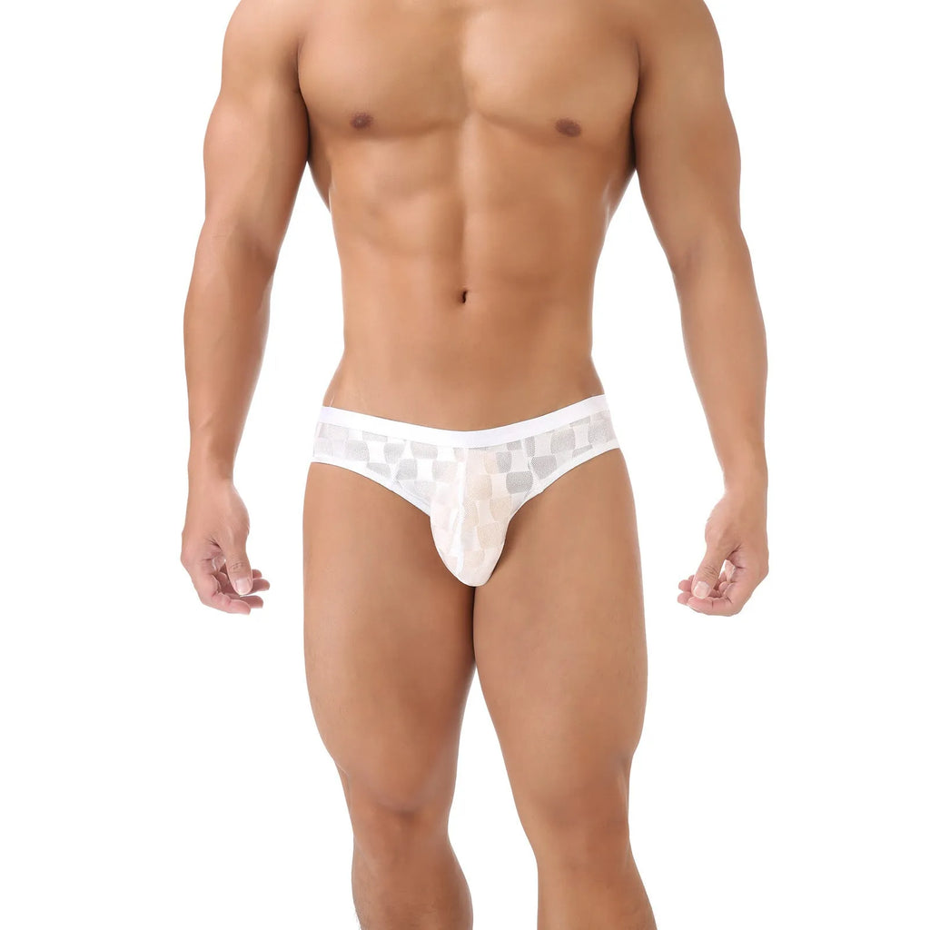 Men's black mesh briefs with plaid pattern showing U-convex construction and lace fabric detail