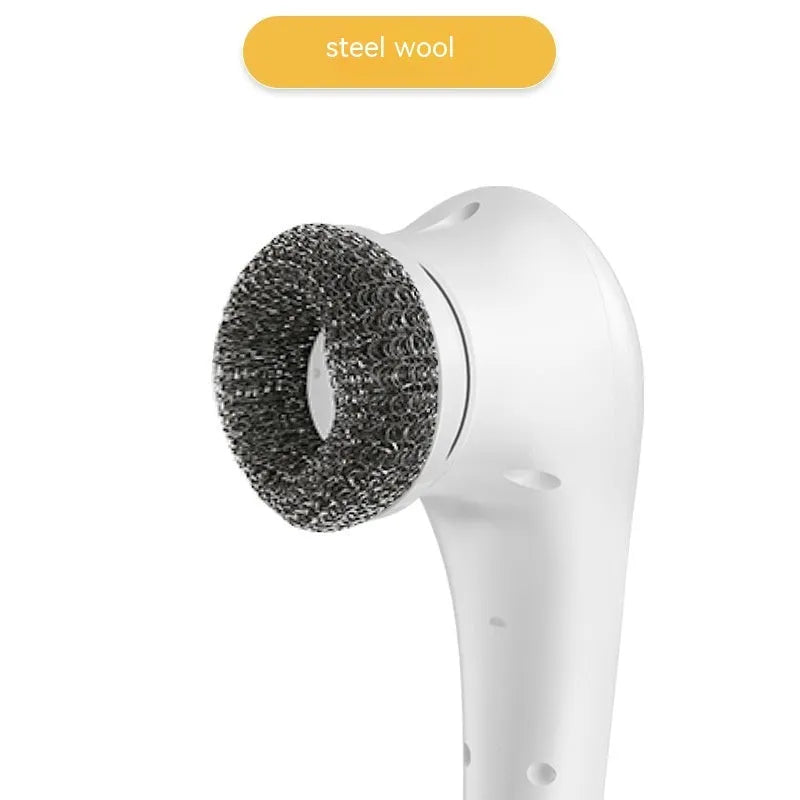 White USB electric handheld cleaning brush with five different brush heads for kitchen and bathroom surfaces.