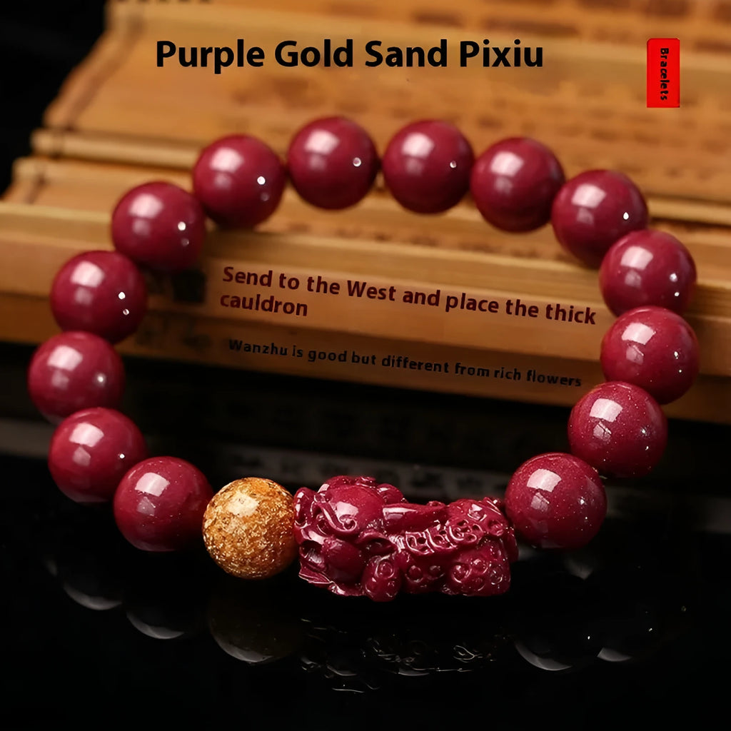 Purple gold sandstone cinnabar bracelet with totem engraving showing polished beads in three size options