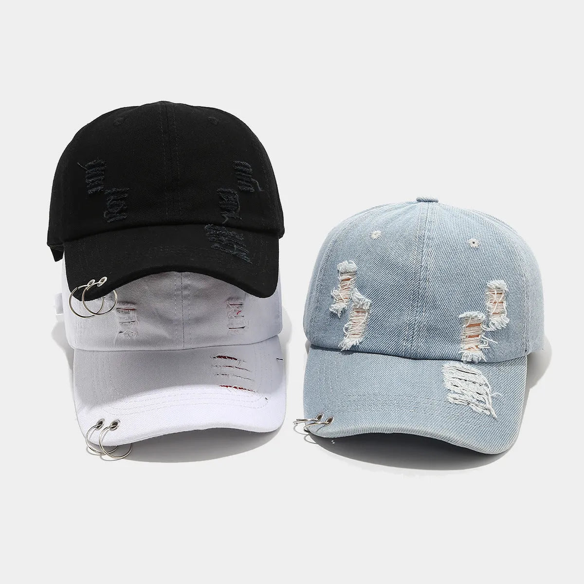 Men's adjustable denim peaked cap in black with dome crown and street style design