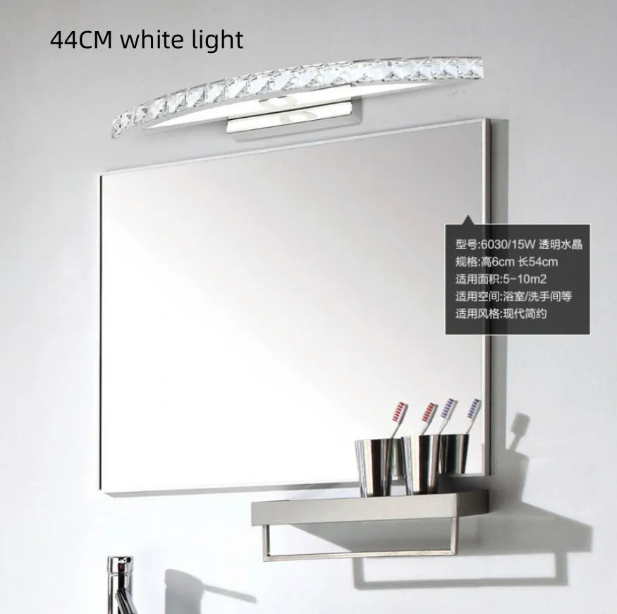 LED bathroom wall lamp with crystal mirror headlight, stainless steel hardware, available in 44cm 54cm or 70cm arc length