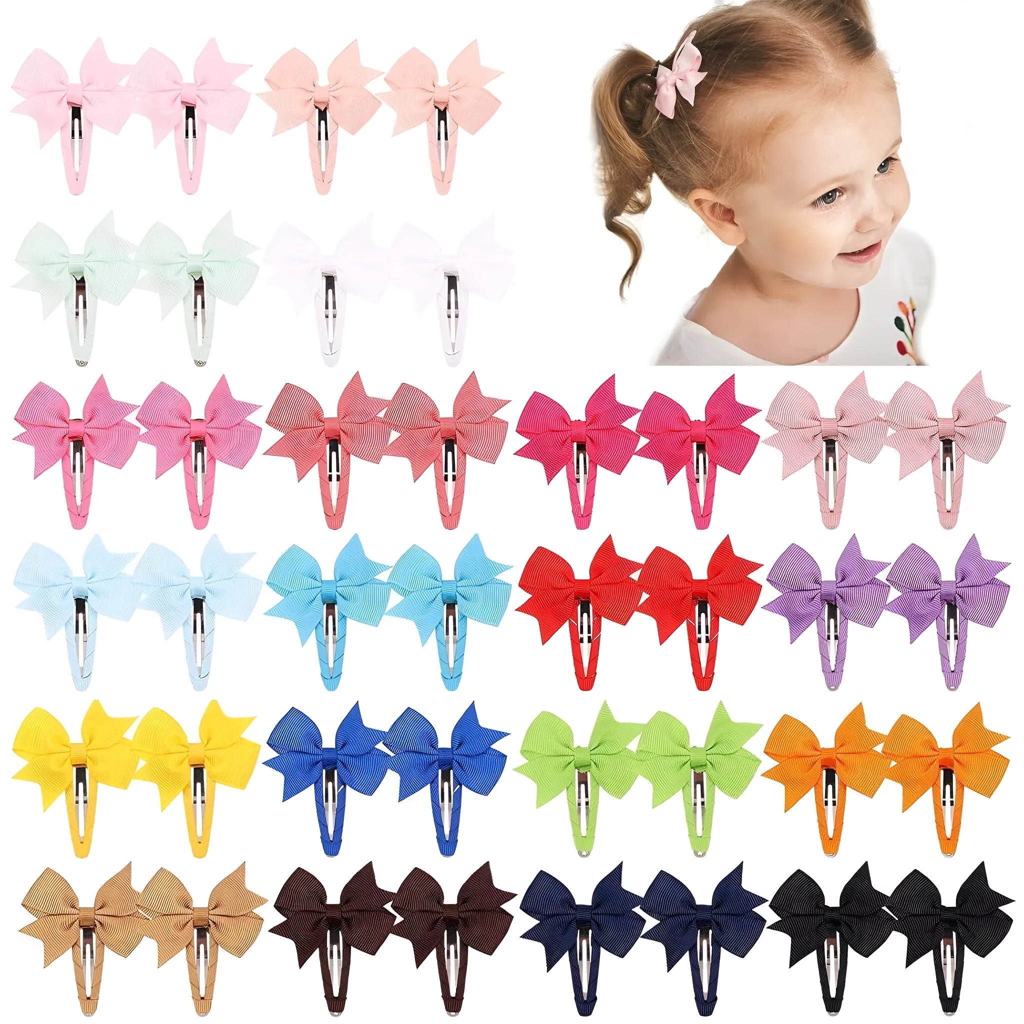 40PCS grosgrain ribbon baby hair bows with fully wrapped snap clips in pinwheel design