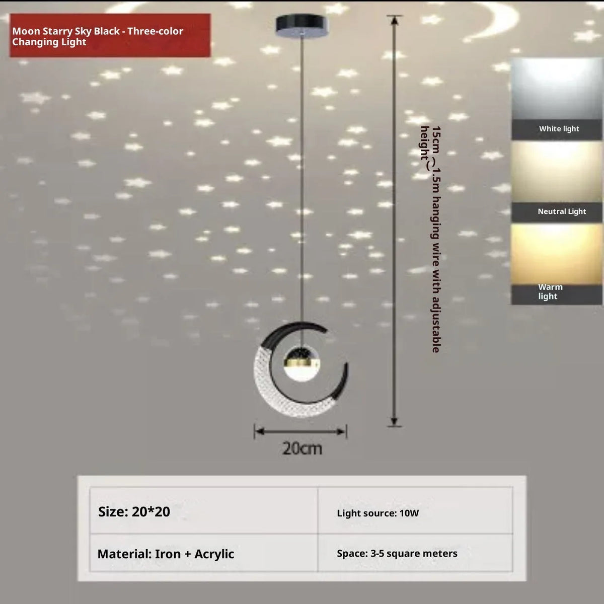 Adjustable pendant light in gold finish with three-color dimming for living room