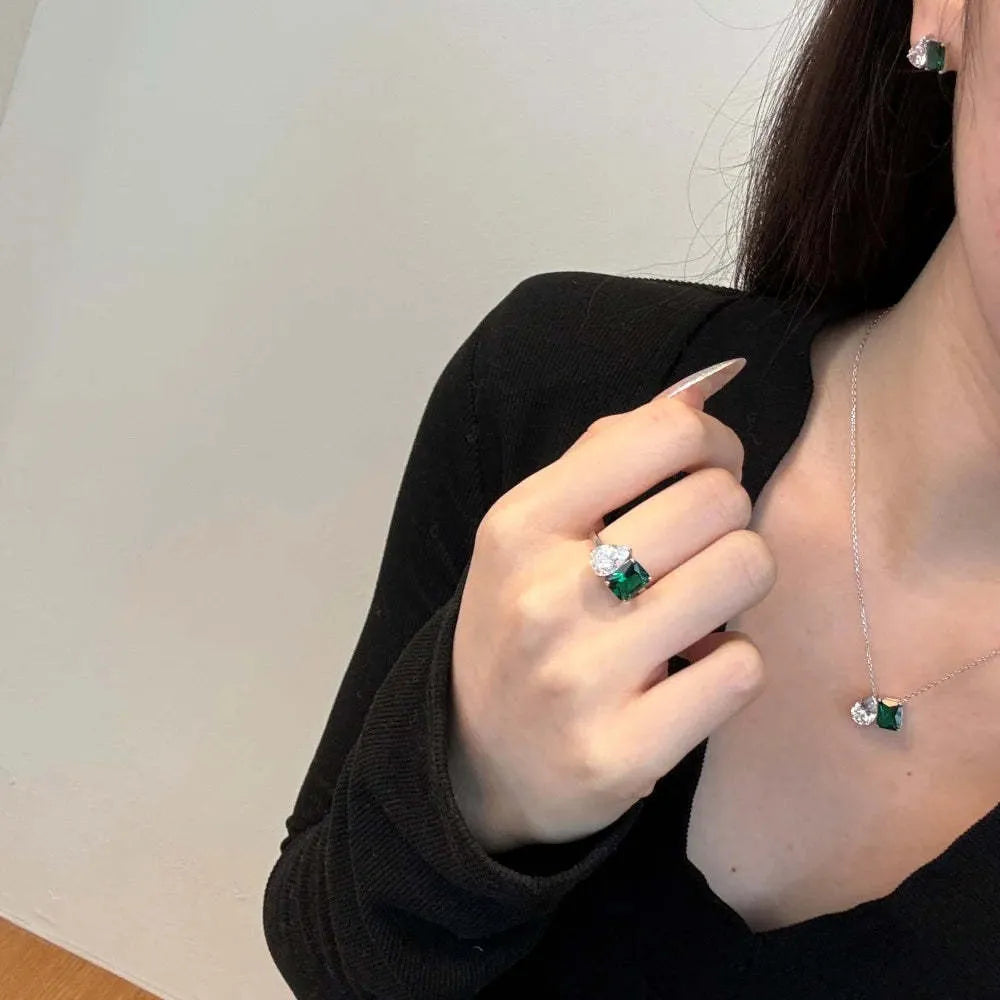 S925 silver double main stone rectangular water drop necklace with platinum finish on O-ring chain