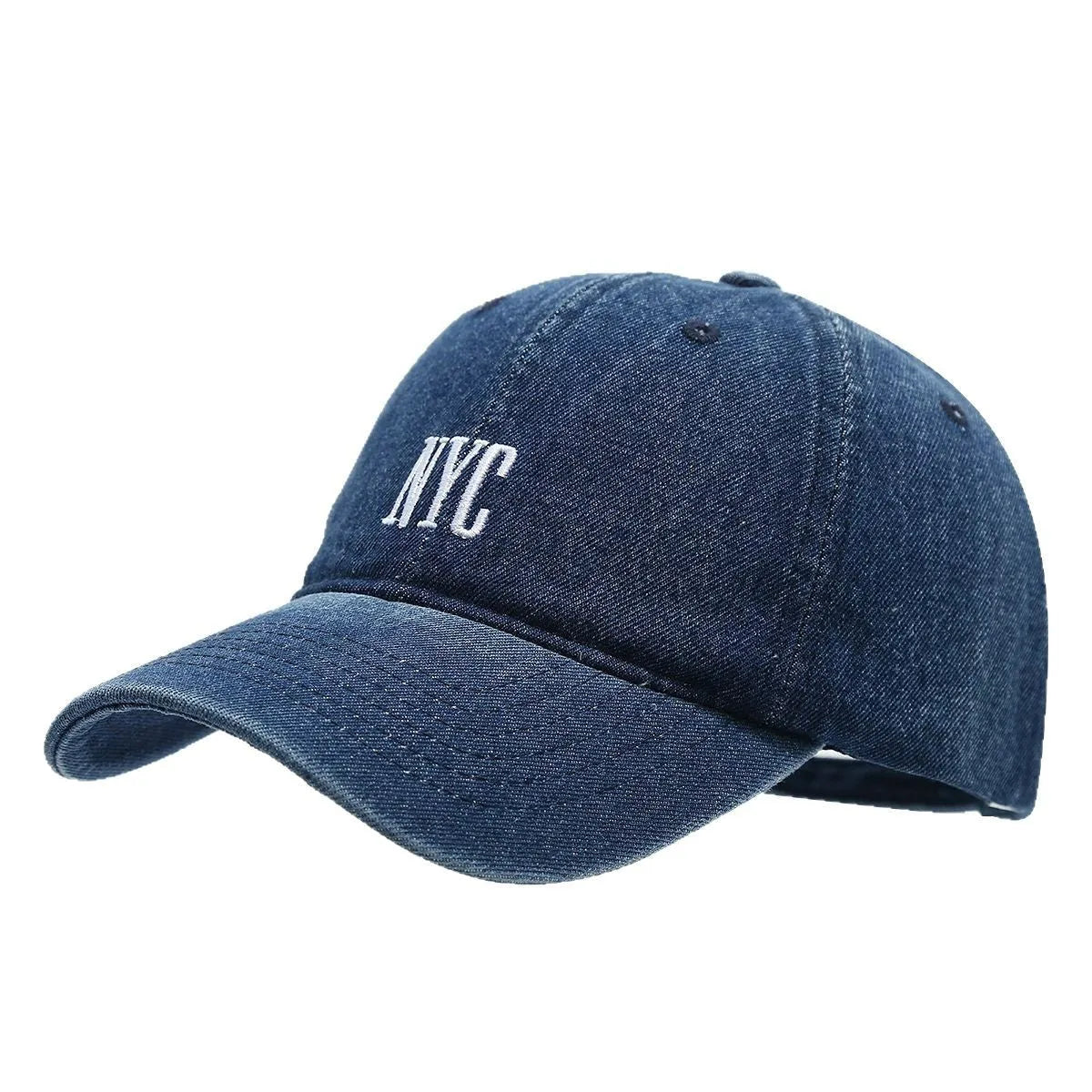 Retro denim peaked cap with embroidered letters on the front, shown in an adjustable size.