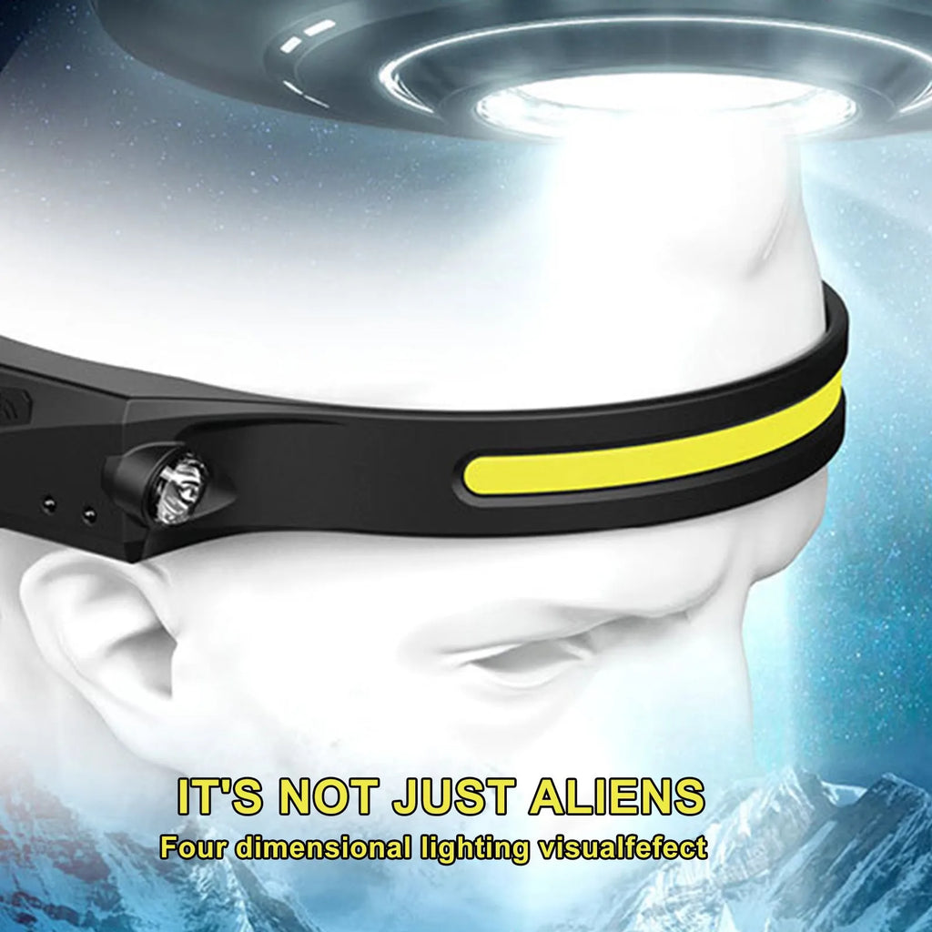 Black silicone USB rechargeable LED headlamp with side wave sensor, showing wide beam and long-range lighting.